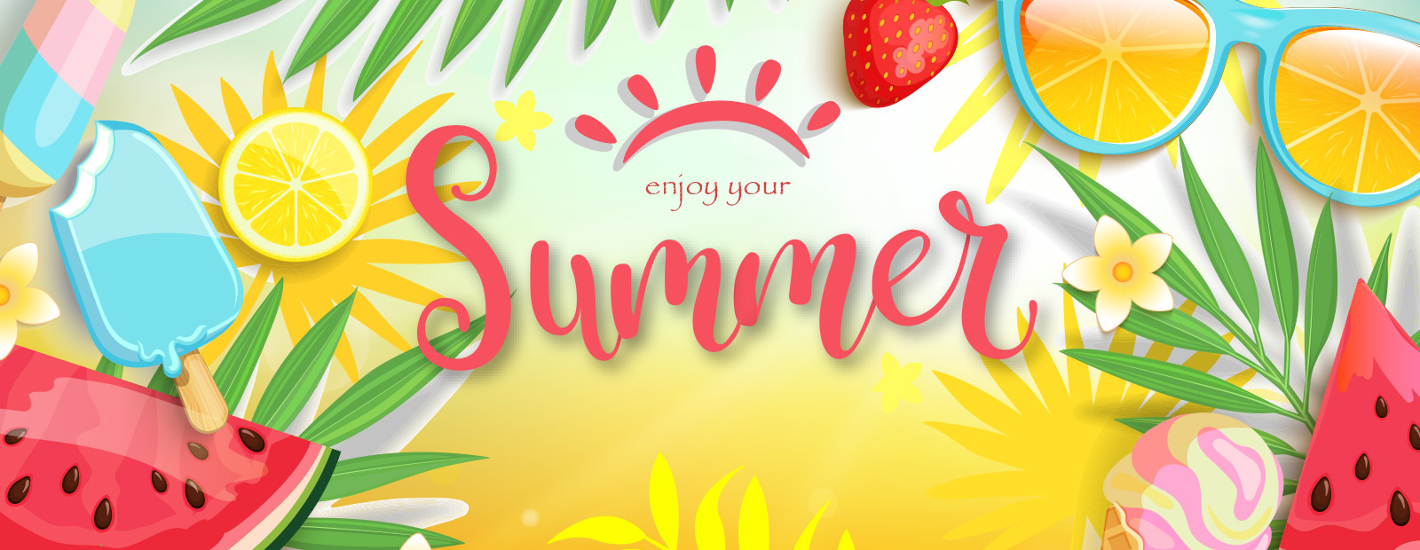 palm trees, orange slices and popsicles with text, enjoy your summer